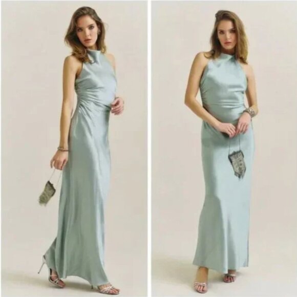 Reformation Anaiis Aquamarine Blue 100% Silk Cowl Neck Maxi Dress Gown 4 Small - Picture 10 of 10